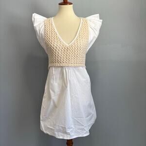Boho Crochet earth toned Poplin Mini Dress White Cream Cottagecore, Size M